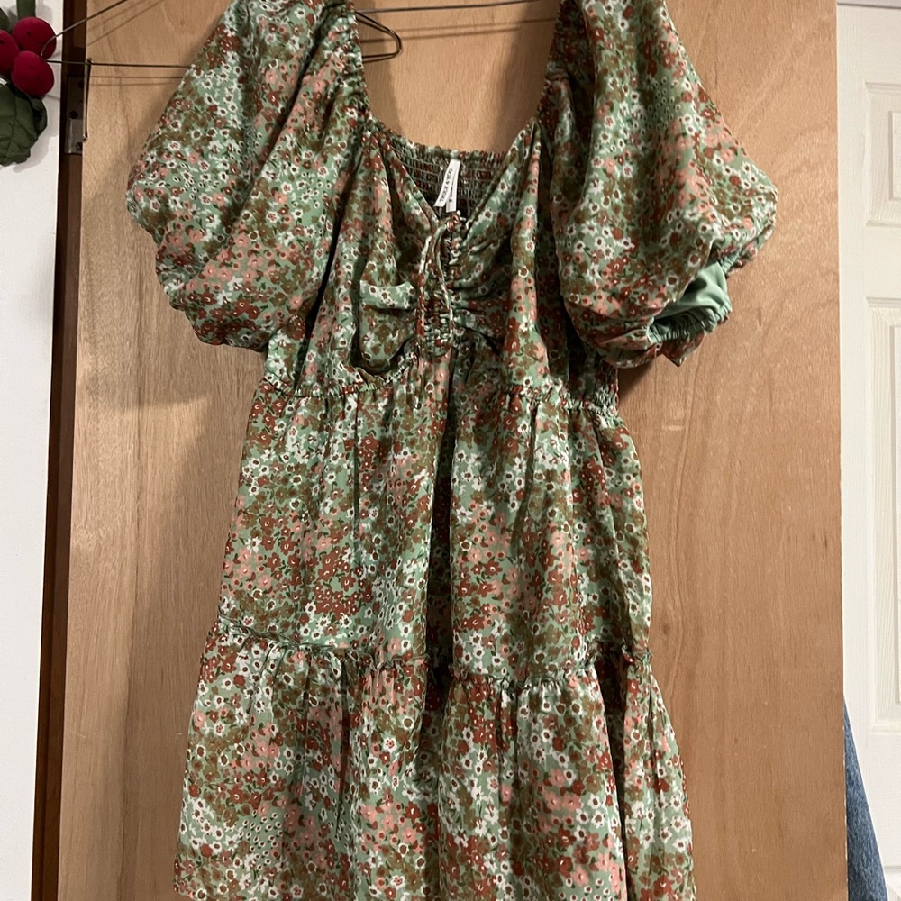 XL Floral Puff Sleeve Dress Mint Green Whimsy Cottagecore